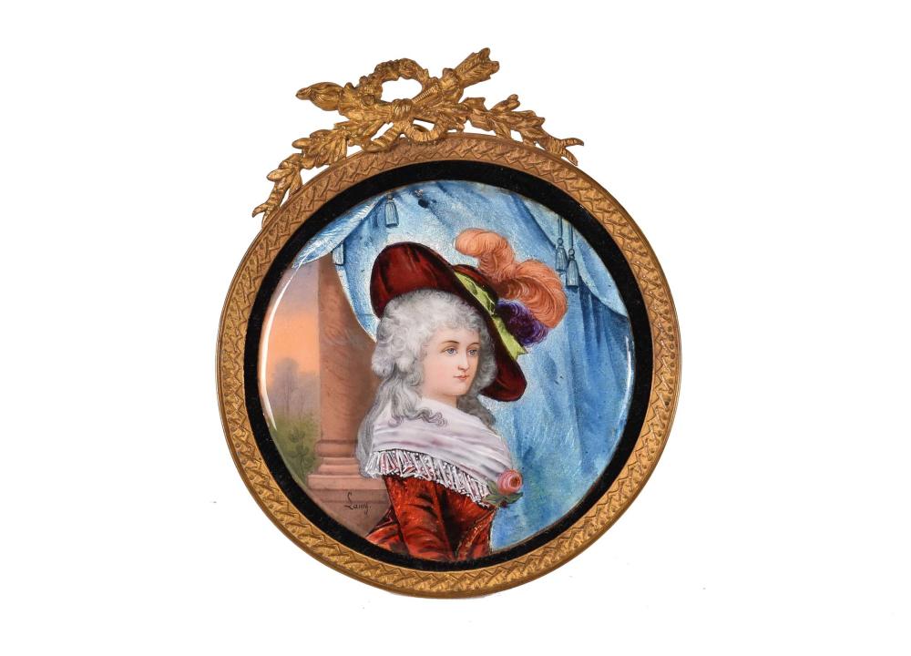 Appraisal: LIMOGES ENAMEL PLAQUEDepicting a woman in a fanciful hat set