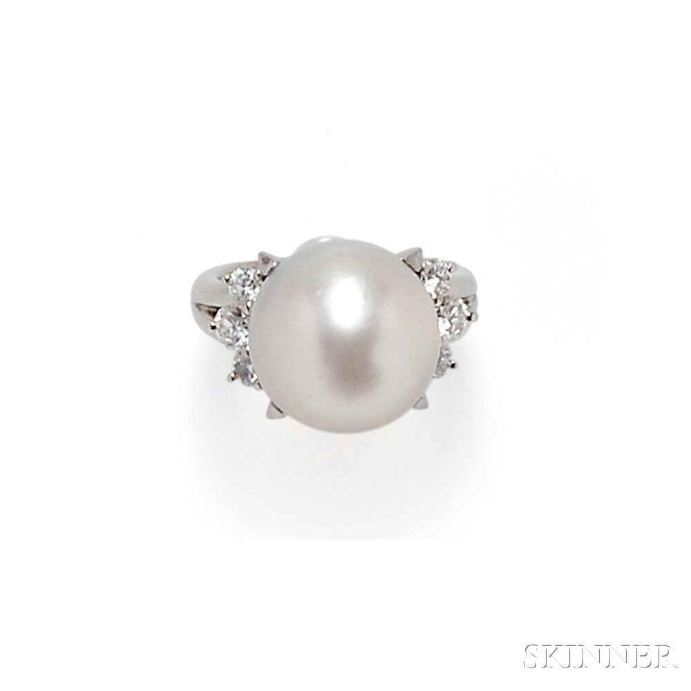 Appraisal: Platinum South Sea Pearl and Diamond Ring the prong-set pearl