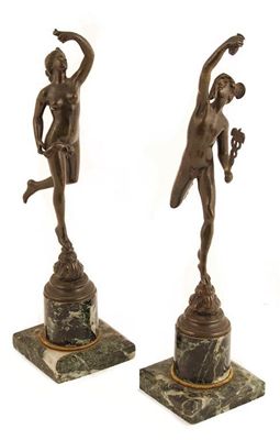 Appraisal: After Giambologna Mercury and Fortuna bronze on green marble plinths