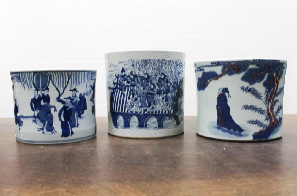 Appraisal: THREE CHINESE PORCELAIN BRUSH POTS each hand painted blue and