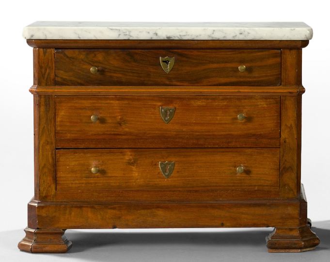 Appraisal: Good French Brass-Mounted Fruitwood and Marble-Top Miniature Three-Drawer Commode third