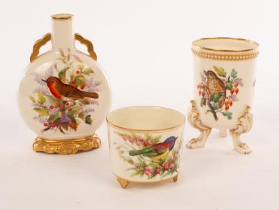 Appraisal: A Royal Worcester pilgrim flask painted birds insects and flowing