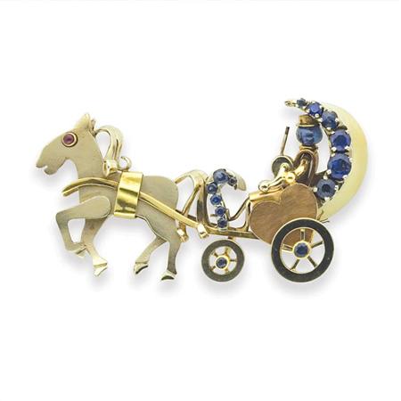 Appraisal: Tricolor Gold and Sapphire Horse and Carriage Brooch Estimate -