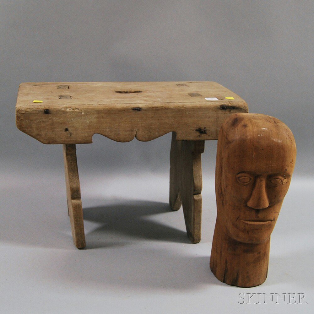 Appraisal: Carved Wooden Head of a Man and a Stool ht