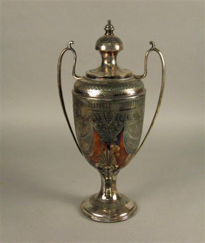 Appraisal: Silverplated twin handled coffee urn H in dent to circular