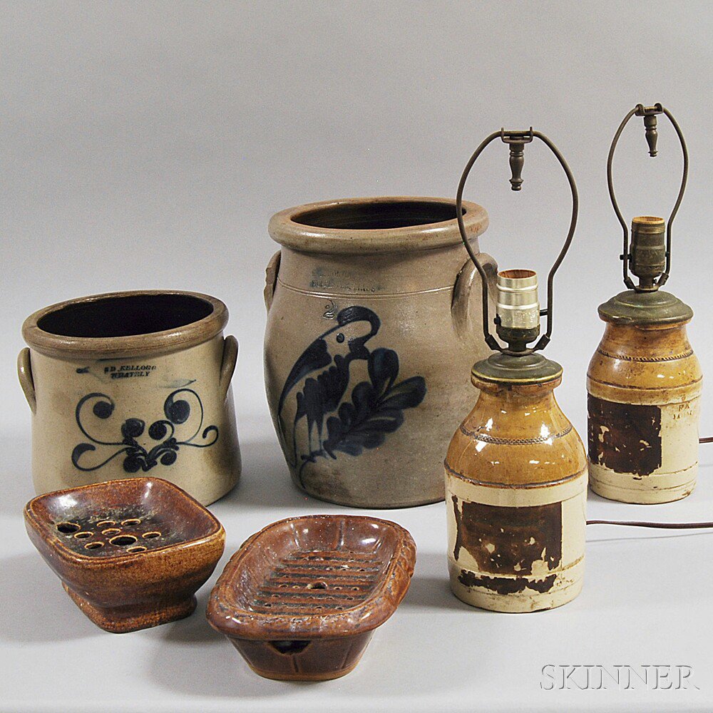 Appraisal: Six Stoneware Items th century two Rockingham-glazed soap dishes two