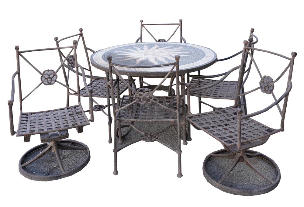 Appraisal: IRON PATIO SETcomprising one table with mosaic top inches diameter