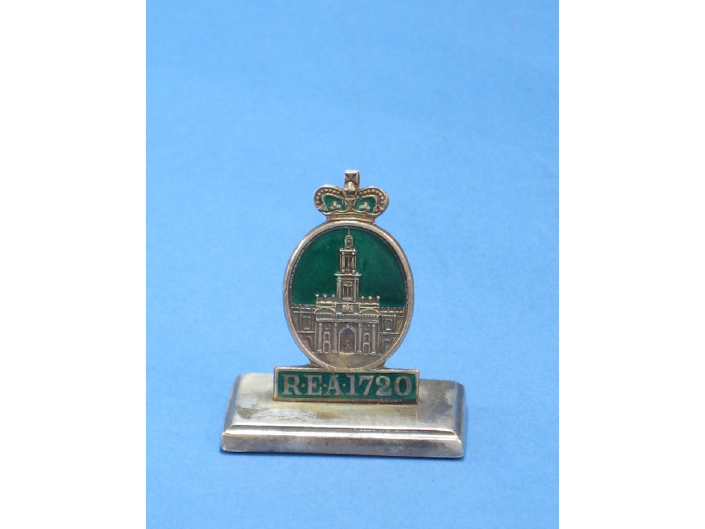 Appraisal: A silver and green enamel Menu Holder R E A