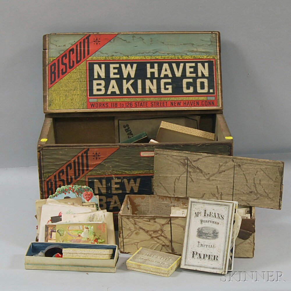 Appraisal: NEW HAVEN BAKING CO Wooden Biscuit Box Filled with Mostly