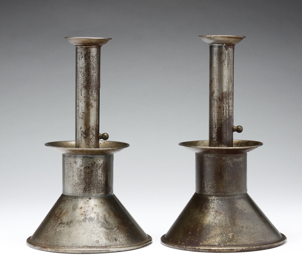 Appraisal: PAIR OF TIN CANDLESTICKS American or English th century Early