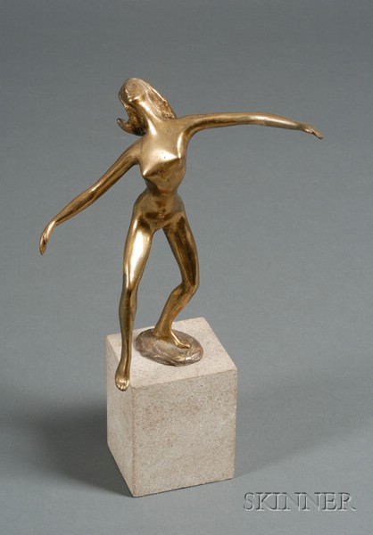 Appraisal: Modern Metal Female Dancer Sculpture on a stone pedestal base