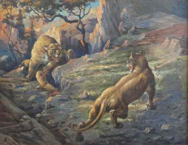 Appraisal: LOW Gilman O C of Battling Mountain Lions Oil on