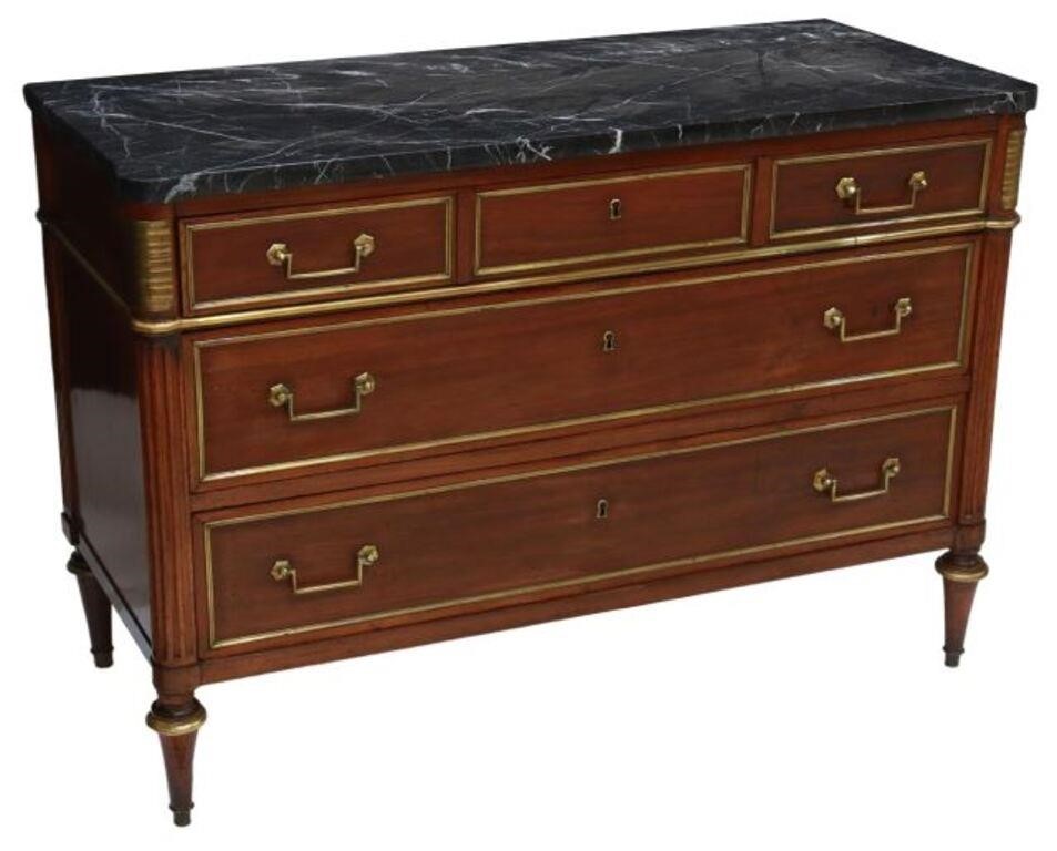 Appraisal: French Louis XVI style mahogany commode th c shaped marble