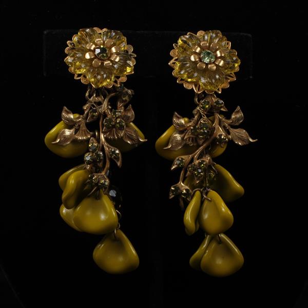 Appraisal: Miriam Haskell Olive Green Glass Floral Clip Earrings