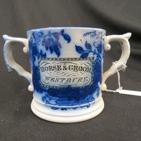 Appraisal: Flow Blue Ironstone Two Handled Mug with advertising Horse Groom