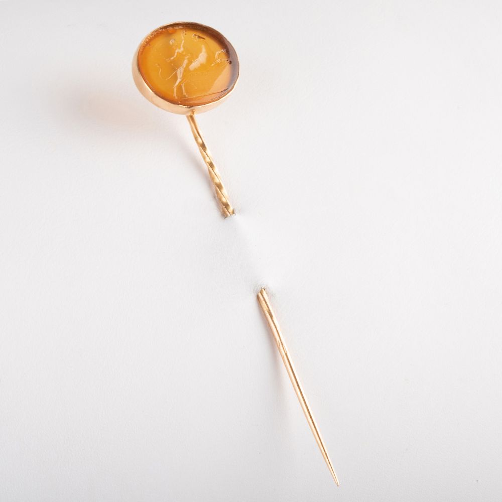 Appraisal: Carnelian Agate Intaglio Stick Pin with Dionysus Riding a Panther