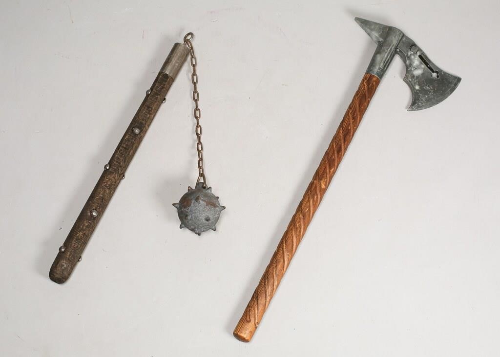 Appraisal: Axe and chain mace or morningstar reproductions Wooden handles Axe