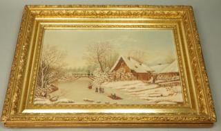 Appraisal: Primitive Antique Winter Landscape Oil Painting Antique gilt gesso frame