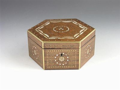 Appraisal: A rosewood brass and mother of pearl inlaid octagonal box