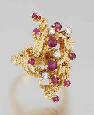 Appraisal: An Organic Design Diamond and Ruby Ring k yellow gold