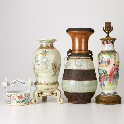 Appraisal: CHINESE PORCELAIN Four pieces th th c includes hand-painted lamp