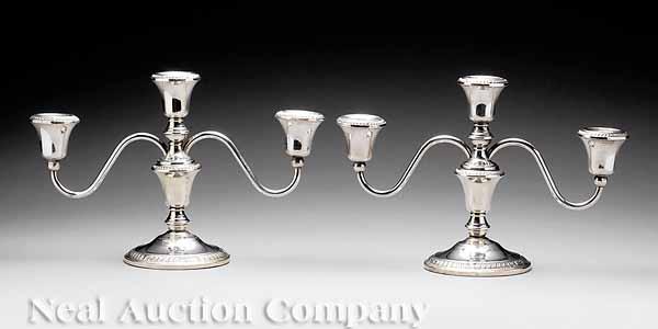 Appraisal: A Pair of American Sterling Silver Three-Light Candelabra th c