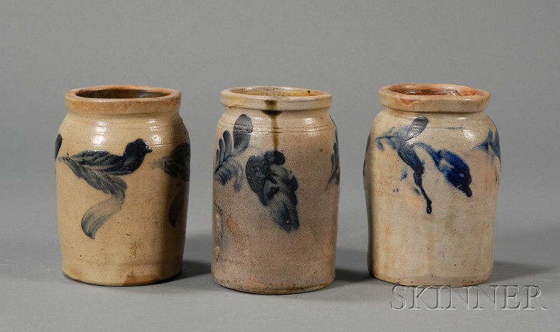 Appraisal: Three Cobalt-decorated Stoneware Canning Jars probably Pennsylvania mid to late