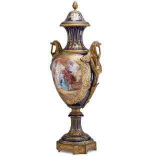 Appraisal: MONUMENTAL SEVRES STYLE PORCELAIN URN L'Invitation Gilt bronze mounted and