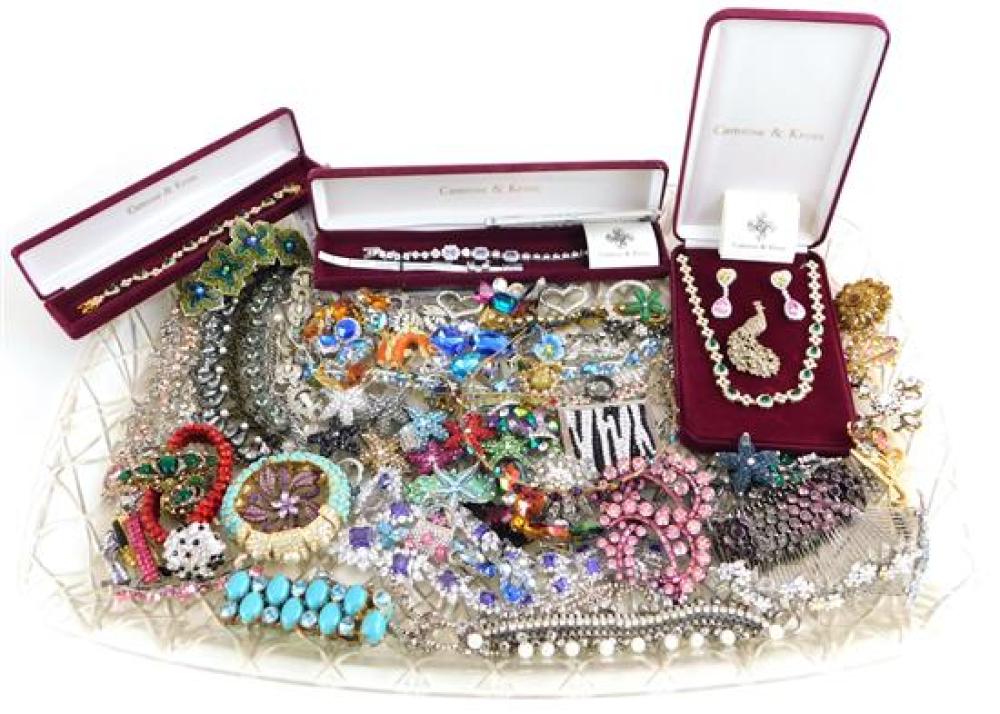 Appraisal: COSTUME JEWELRY pieces of better rhinestone necklaces pins bracelets pierced