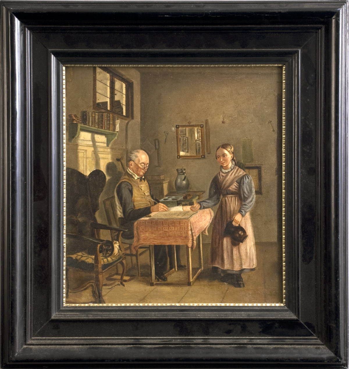 Appraisal: FRAMED INTERIOR SCENE WITH MAN AND WOMAN Oil on board