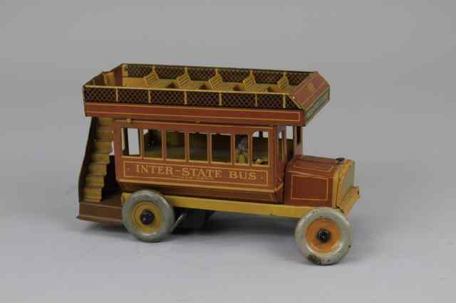 Appraisal: INTERSTATE DOUBLE DECKER BUS Strauss lithographed tin brown version bench