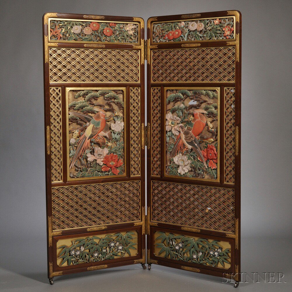 Appraisal: Two-panel Folding Wood Screen China th century with shaped latticework