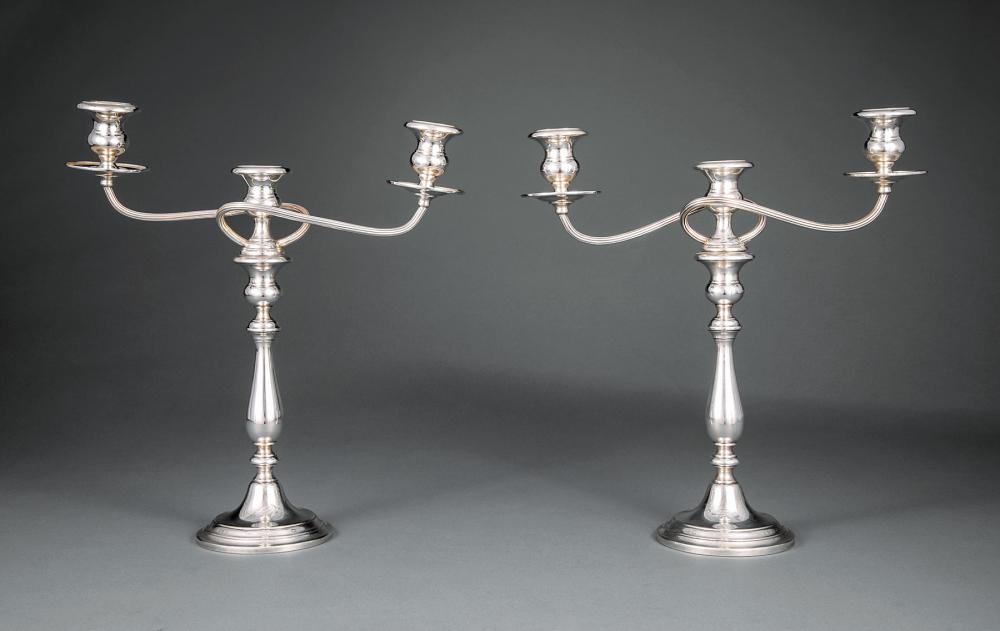 Appraisal: Pair of Gorham Sterling Silver Three-Light Candelabra pattern weighted urn-form