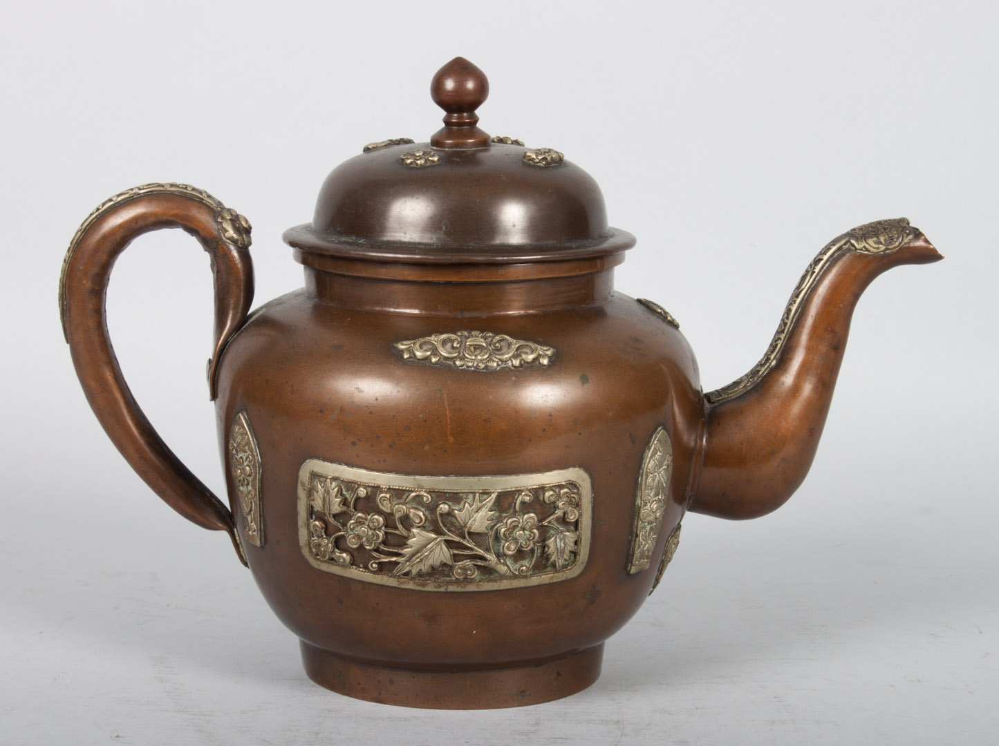 Appraisal: Chinese brass-mounted copper teapot th century globular form with floral