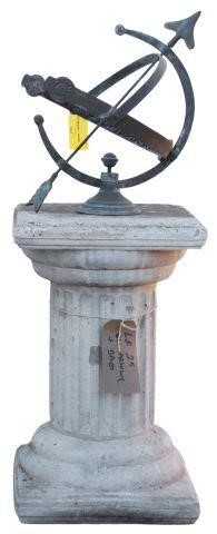 Appraisal: Patinated metal armillary sphere on cast stone pedestal late th