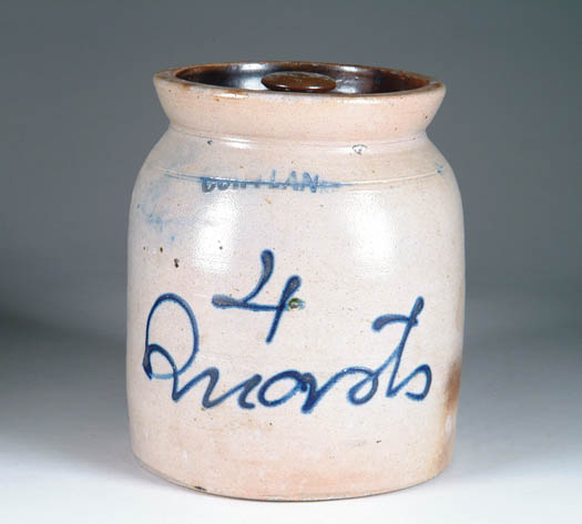 Appraisal: COVERED ONE GALLON STONEWARE CROCK Marked Cortland with blue decoration