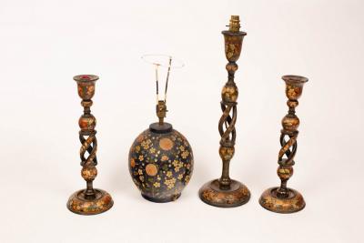 Appraisal: A pair of Kashmiri candlesticks cm high another damaged and