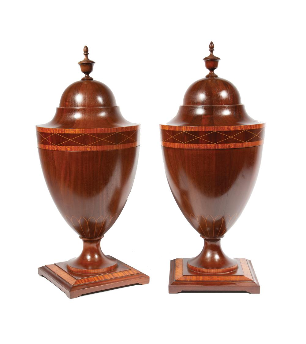 Appraisal: Pair of Antique Adam-Style Mahogany and Satinwood Inlaid Cutlery Urns