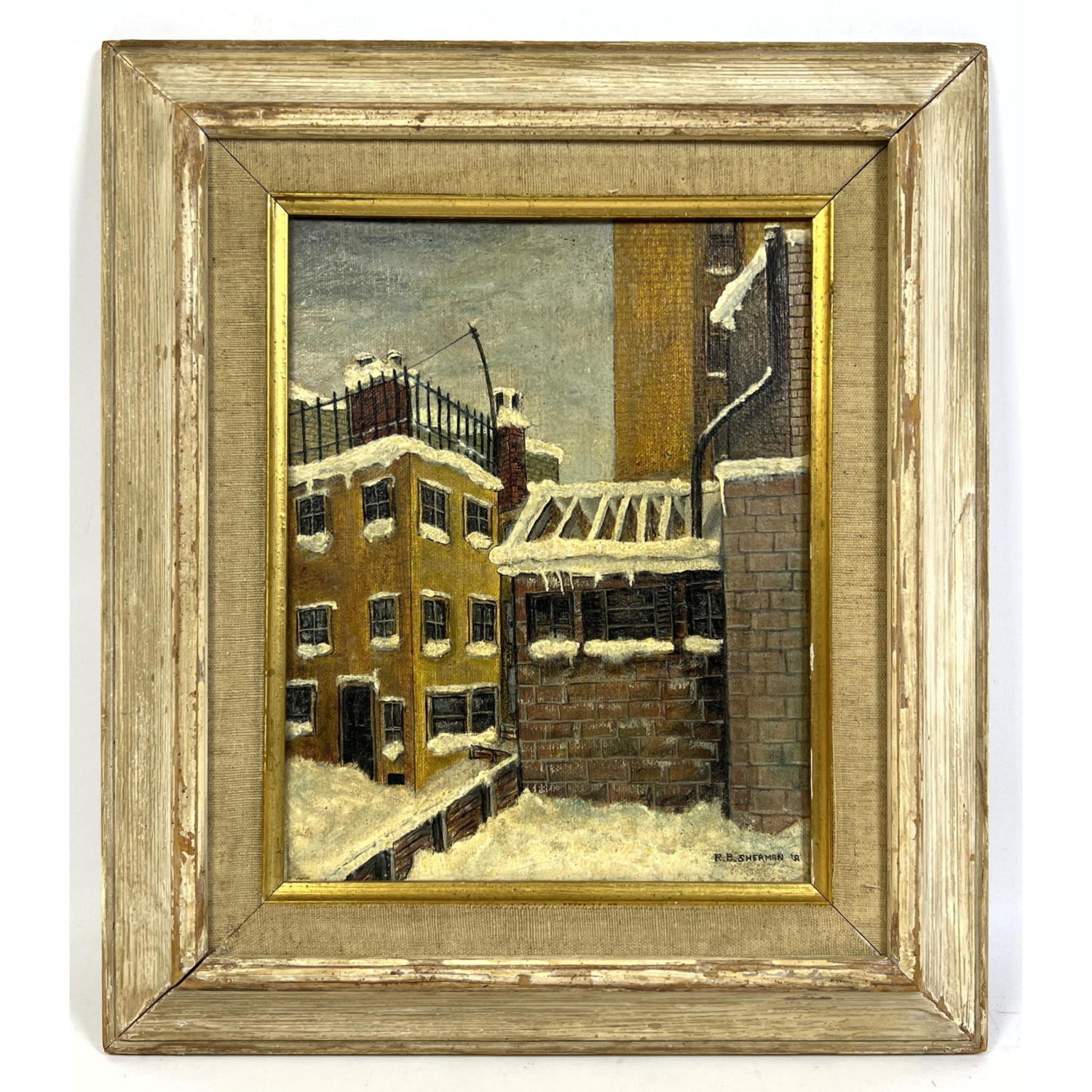 Appraisal: Robert B Sherman Painting on Canvas Courtyard in Snow Robert