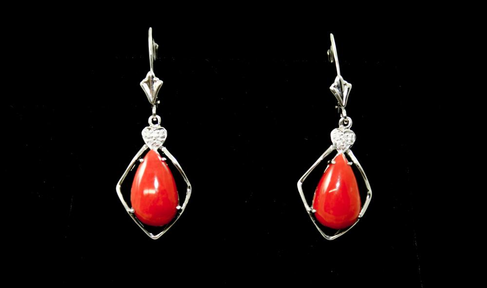 Appraisal: PAIR OF CORAL AND DIAMOND DANGLE EARRINGS each k white