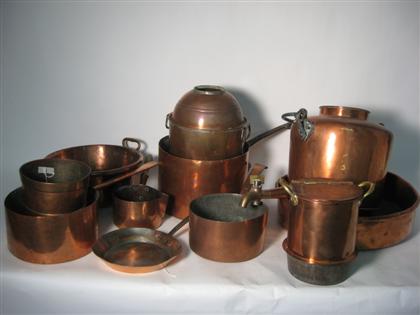 Appraisal: Collection of copper utensils th th century Hanging beverage dispenser