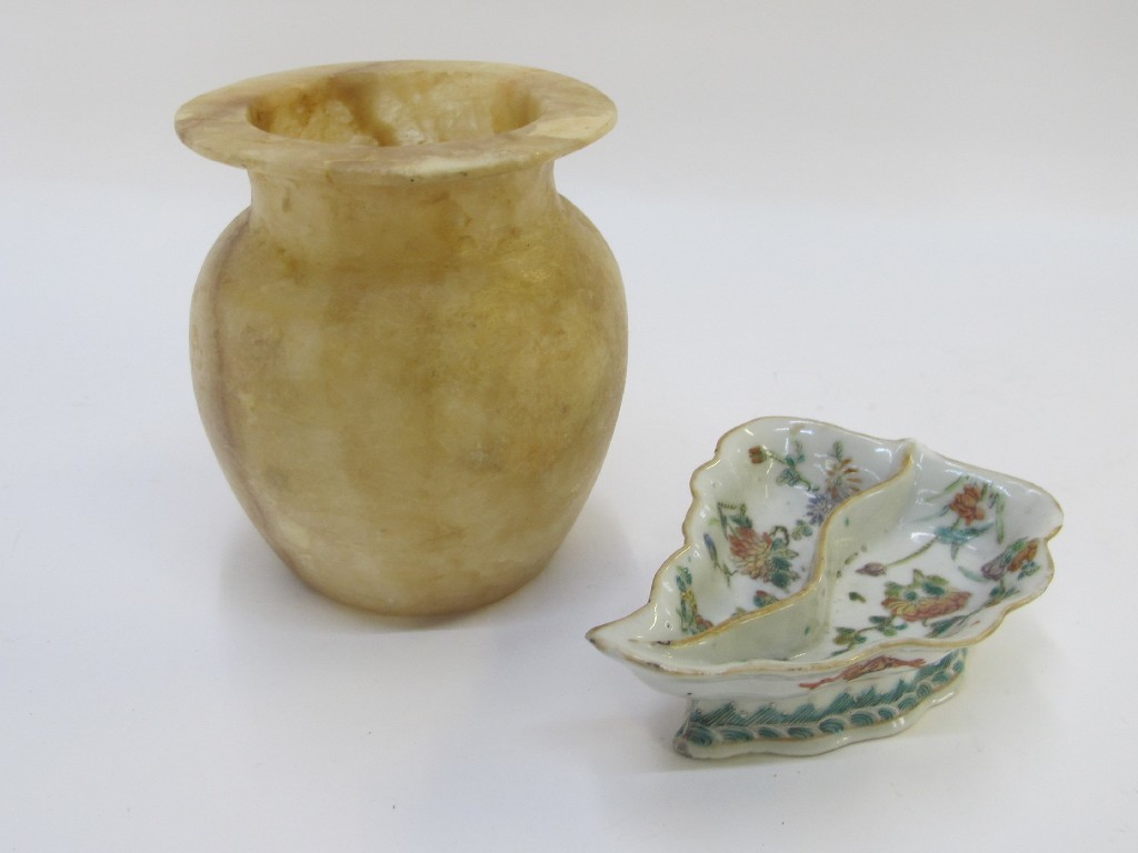 Appraisal: Chinese leaf shaped bowl and an alabaster vase