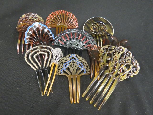 Appraisal: Collection of Vintage Hair Combs includes carved tortoiseshell celloloid rhinestone