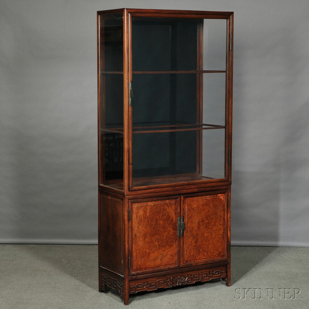 Appraisal: Glazed Display Cabinet China hardwood lower section with burlwood doors