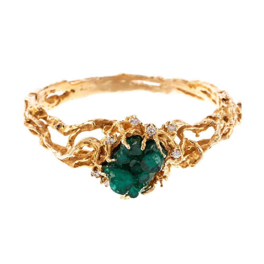 Appraisal: A K Brutalist Emerald Crystal Diamond Bangle K yellow gold