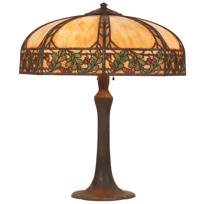 Appraisal: Handel table lamp eight-sided slag shadewith acorn motif in metal