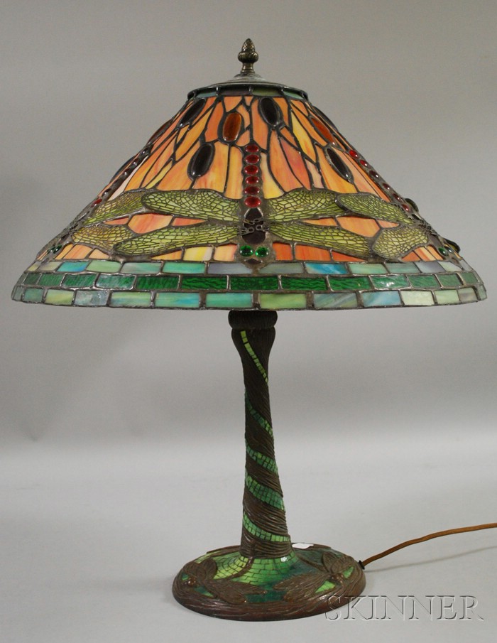 Appraisal: Contemporary Leaded Art Glass Dragonfly Pattern Table Lamp with glass