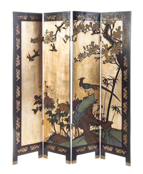 Appraisal: Sale Lot A Lacquered Four-Panel Floor Screen depicting a phoenix