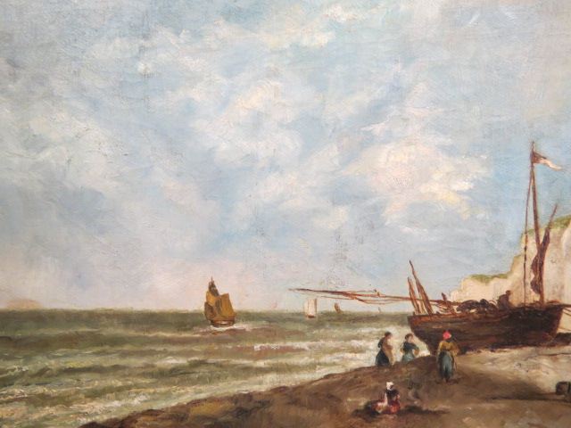 Appraisal: Antique Oil Painting coastal scene with boat on the shore