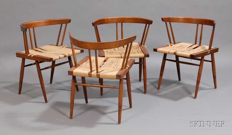 Appraisal: George Nakashima Four Grass Seated Chairs Walnut New Hope Pennsylvania